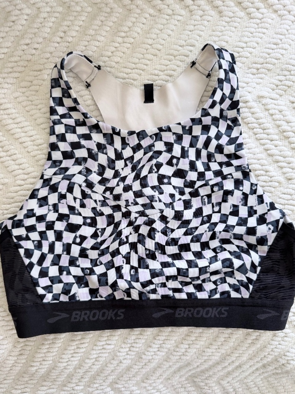 Brooks Dare Crossback Run Bra Black White Check Print High Impact Sports Bra S